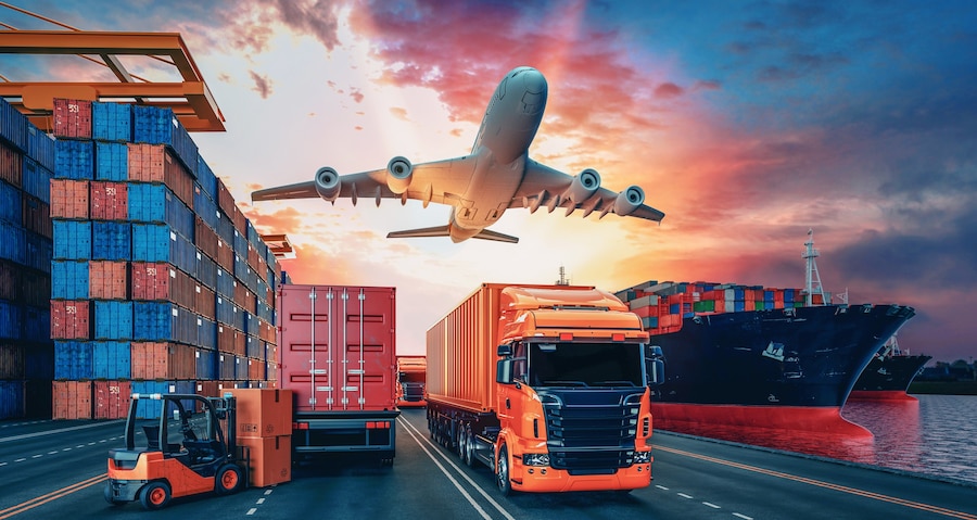 Image showing a blend of logistics operations via truck, planes and shipment containers with a beautiful sunrise in the background