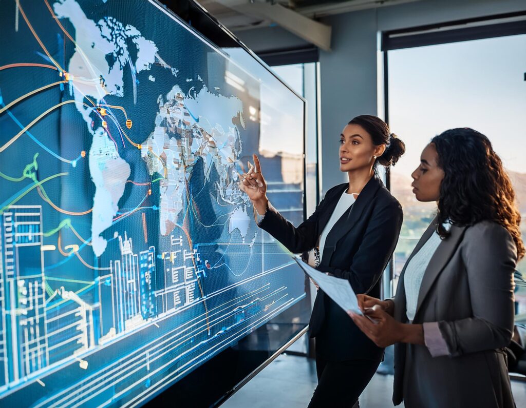 Two people looking at a large screen in office that displays a map with routes and locations that are in high demand for their service or product