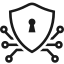 A shield with a keyhole at center and 6 connected wires to show connection. Icon is used to depict Cyber security