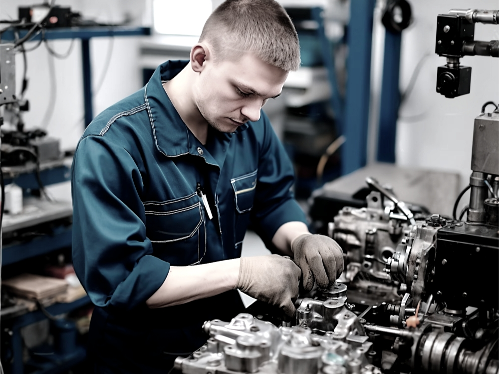 worker focused on the engine for regular maintenance activities