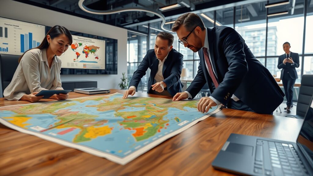 A group of economists visualizing the map placed on table to plan the economic strategies.