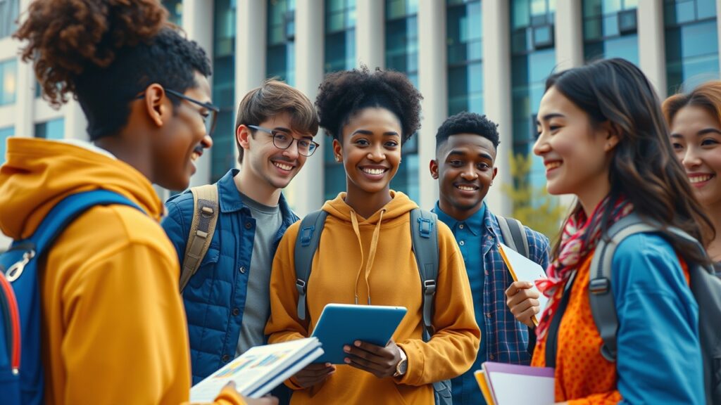 University students outdoors talking