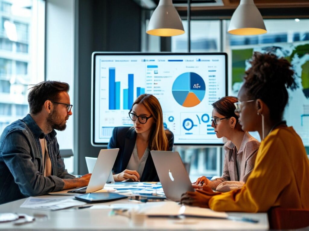 A team of analysts gathered around a table with laptops and reports, examining predictive analytics on a digital screen.