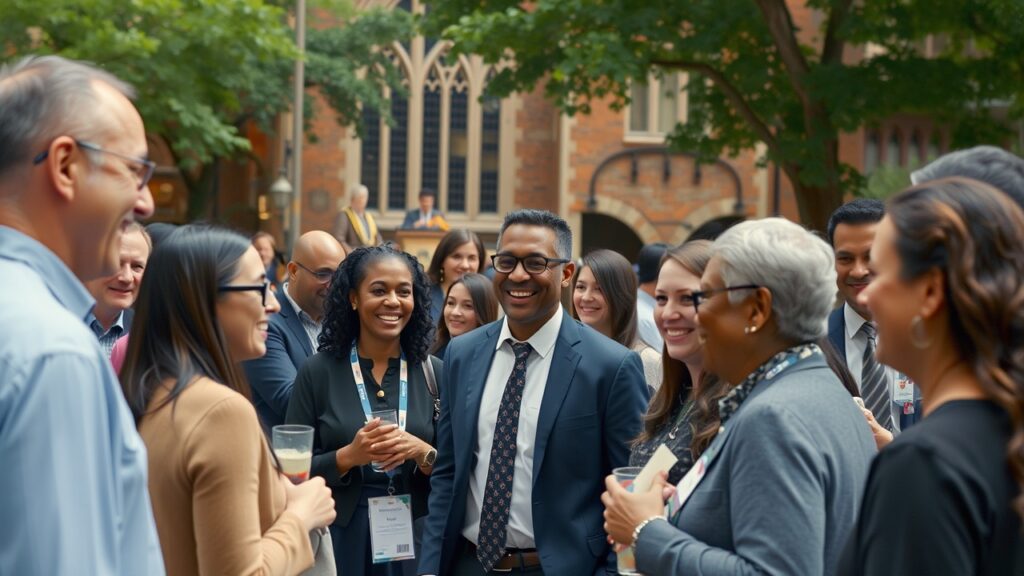 A group of alumni gathered for a meetup and shown having light conversations.