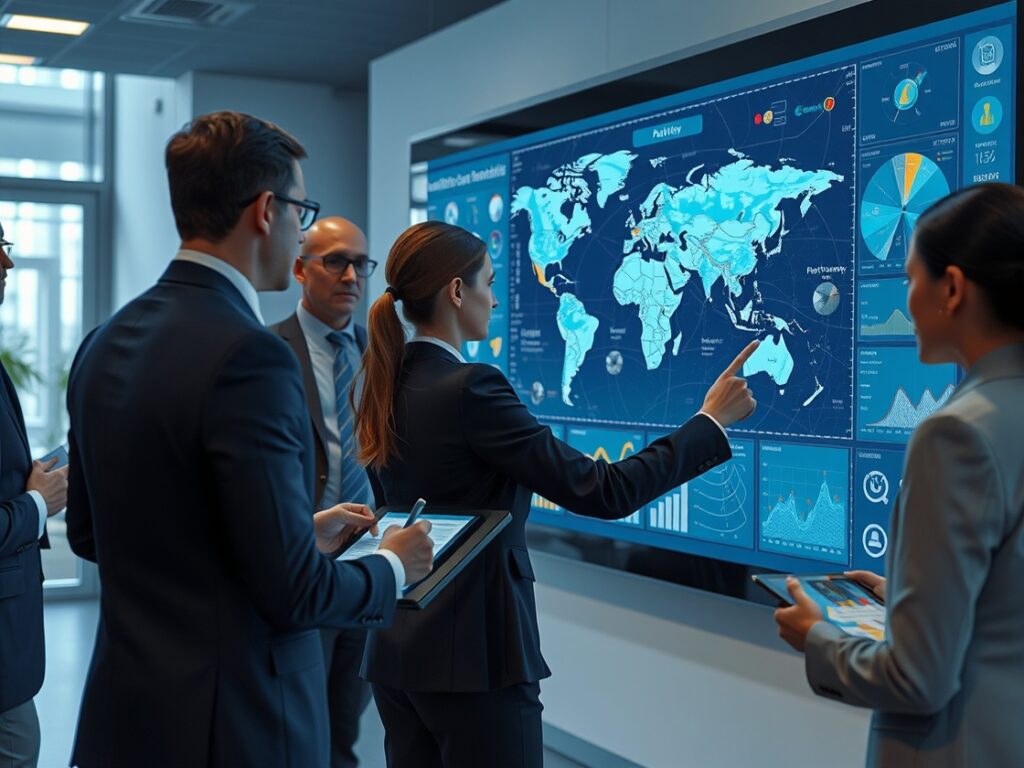 A zoomed-in view of a world map on a screen, with pinpoint markers, and government officials shown discussing it.