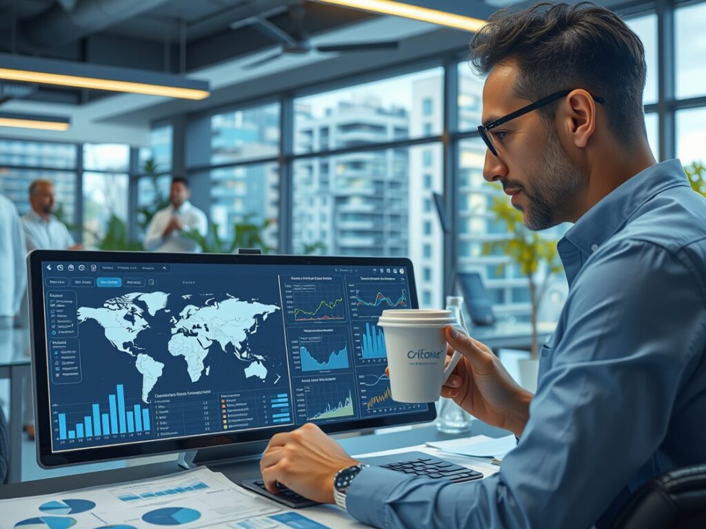 An economist or planner studying a large interactive dashboard.