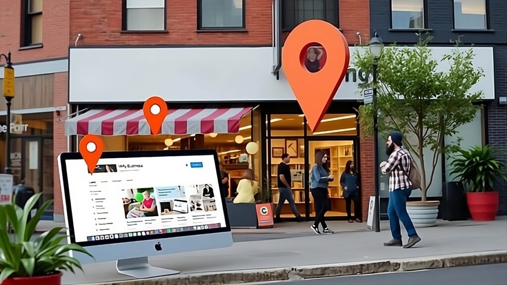 A large LED screens showing the customers location by roadside in front of a store in which customers are entering.