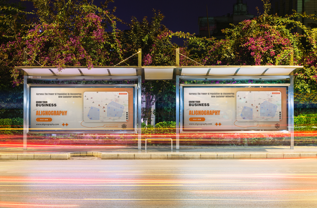 A billboard screen displaying the alignography advertisement on the bus waiting stop