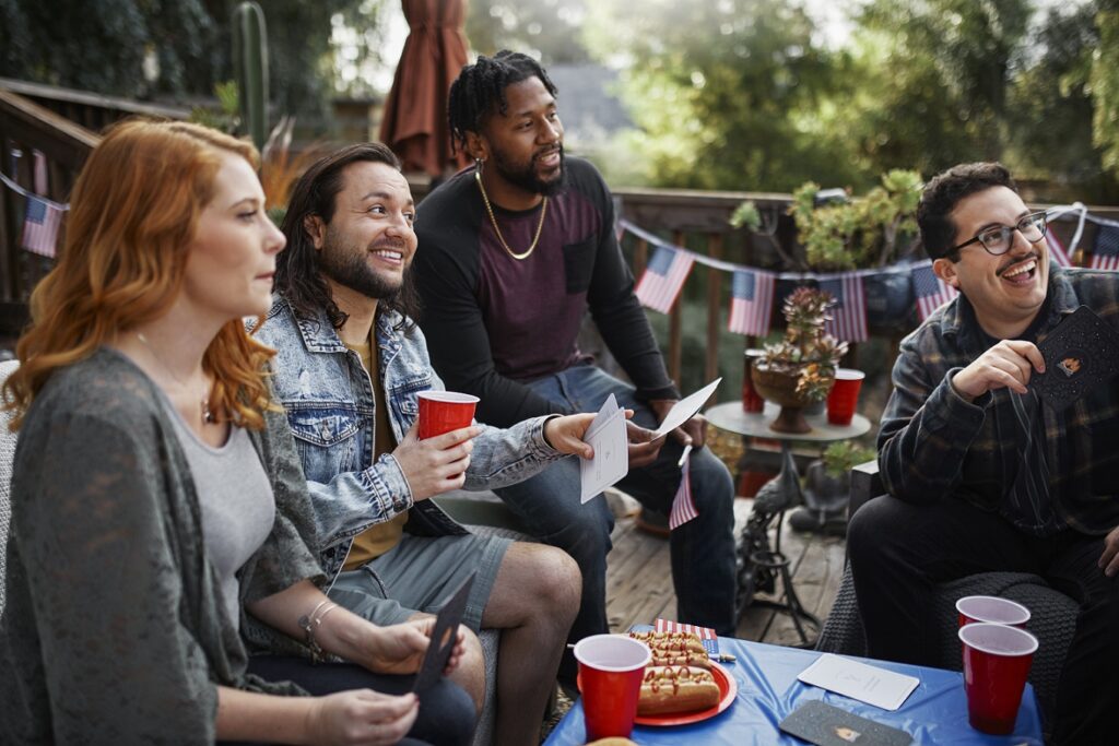 a diverse group of people engaged in a cheerful conversation